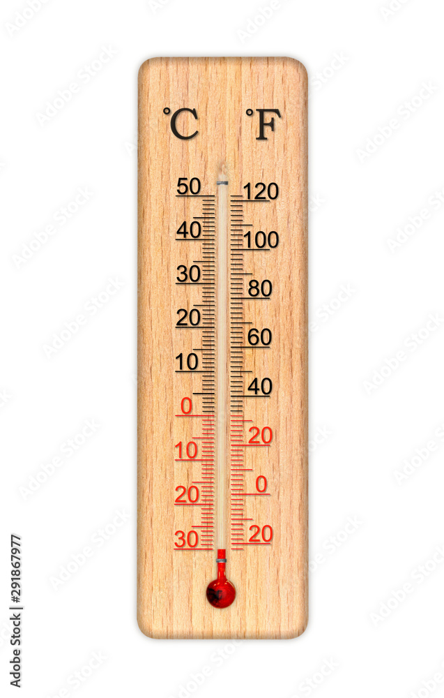 Wooden celsius and fahrenheit scale thermometer for measuring air  temperature. Thermometer isolated on white background. Air temperature  minus 30 degrees celsius Stock Photo | Adobe Stock