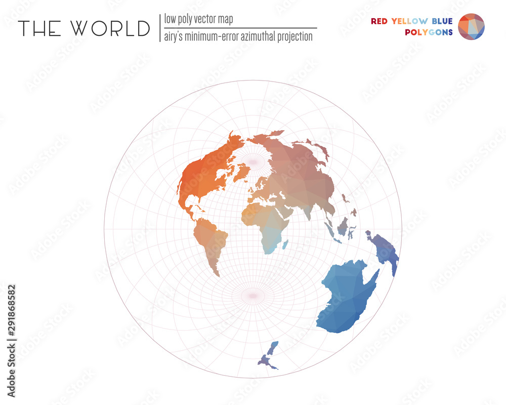 Polygonal world map. Airy's minimum-error azimuthal projection of the world. Red, Yellow, and Blue colored polygons. Stylish vector illustration.