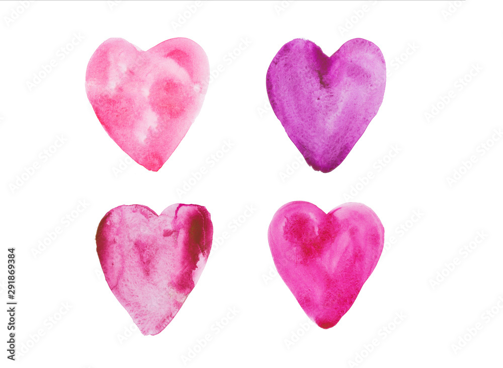 Colorful watercolor hearts isolated on white background