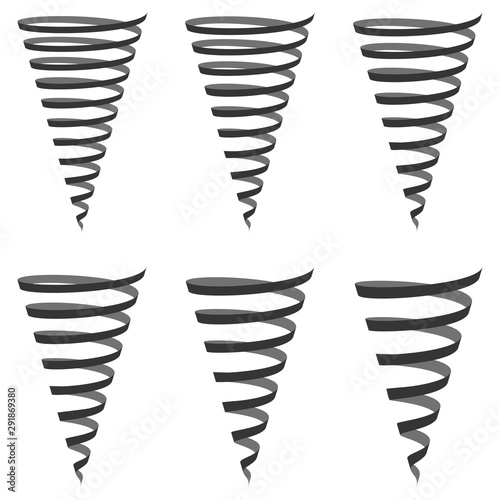 Set icon sign tornado, hurricane swirl, vector festive ribbon Twister tornado