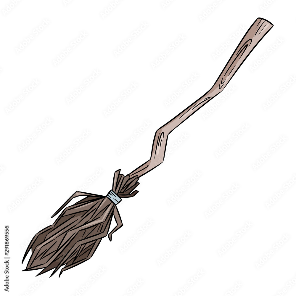Obraz premium Cute old bromstick doodle. Happy Halloween related icon - magic broom. Vector isolated symbol. Cartoon image element: witch or wizard old flying broom