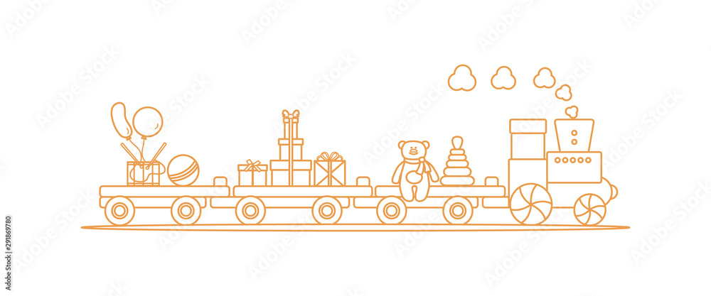 Train carries toys. Gifts for holidays to children Train carries toys. Gifts for holidays to children