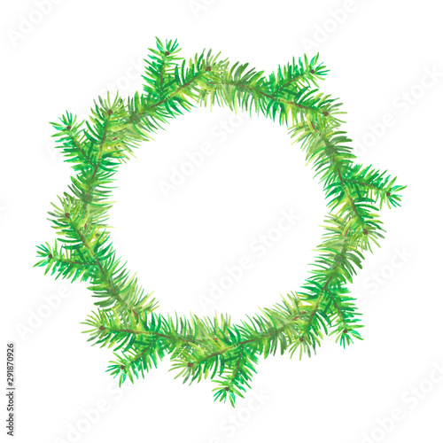 Watercolor frame with fir-tree branches. Christmas, New year, winter.