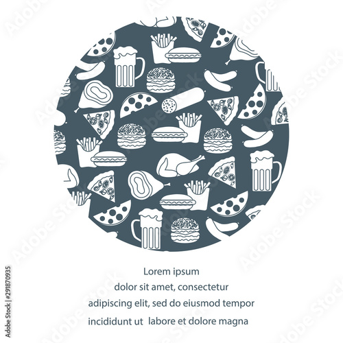 Beer, different types of food and fast food.