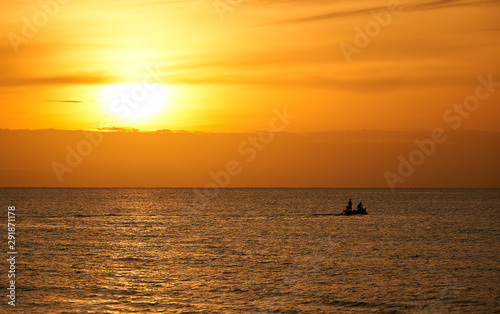 morning skyline sunrise with silhouette fisherman boat © bank215