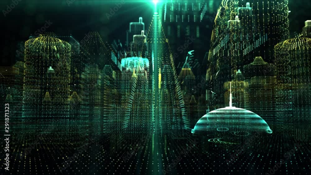 Futuristic head up display holographic city digitally generated image virtual reality matrix particles in cyber space background environment