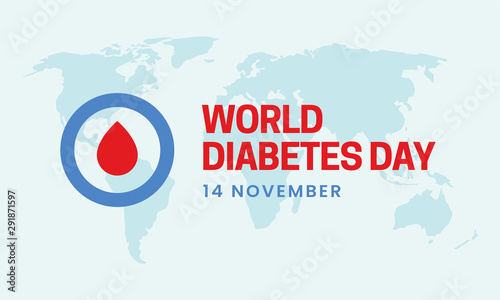 World diabetes day awareness poster. blood drip symbol inside blue circle ring logo badge design on world map background vector illustration
