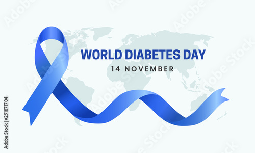 World diabetes day awareness poster banner background design with blue ribbon symbol on world map banner vector illustration