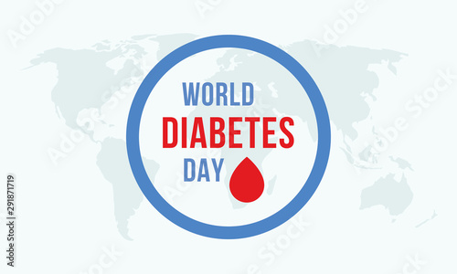 World diabetes day awareness poster blood drip symbol with blue circle ring frame logo badge design on world map background vector illustration
