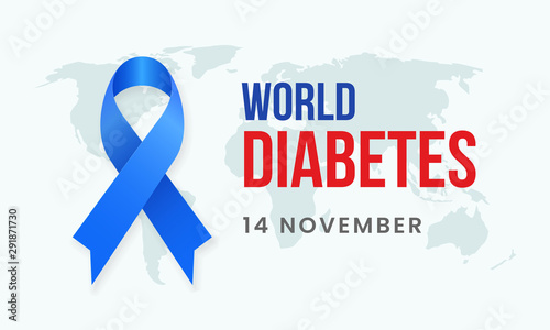 World diabetes day awareness poster background with blue ribbon symbol on world map banner vector illustration
