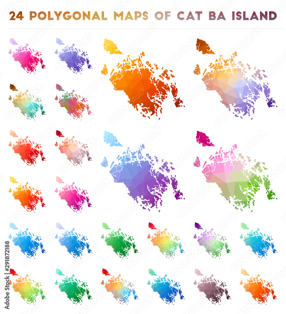 Set of vector polygonal maps of Cat Ba Island. Bright gradient map of island in low poly style. Multicolored Cat Ba Island map in geometric style for your infographics.