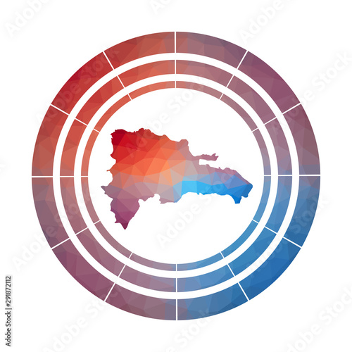 Dominicana badge. Bright gradient logo of country in low poly style. Multicolored Dominicana rounded sign with map in geometric style for your infographics.