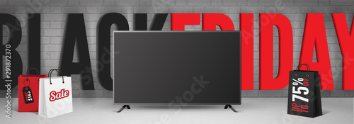 Black friday electronics sale banner template with empty screen. 3d shopping bags with 75 percent discount and 3d TV set. Seasonal domestic appliance clearance special price offer poster design layout