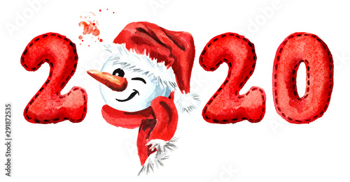 2020 Happy New Year banner. Blinking snowman. Watercolor hand drawn illustration, isolated on white background