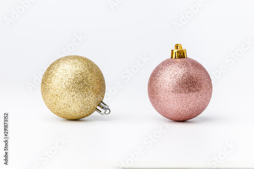 Two Christmas balls on white background. Christmas decor and toys. 