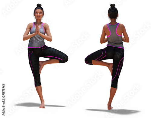 Back and Front Poses of a Woman in Yoga Tree Pose