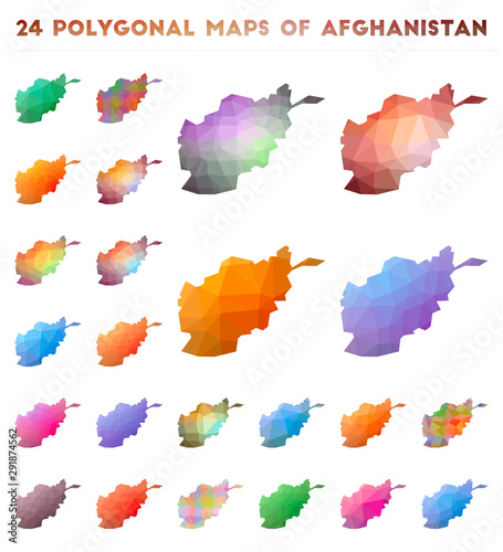Set of vector polygonal maps of Afghanistan. Bright gradient map of the country in low poly style. Multicolored Afghanistan map in geometric style for your infographics.