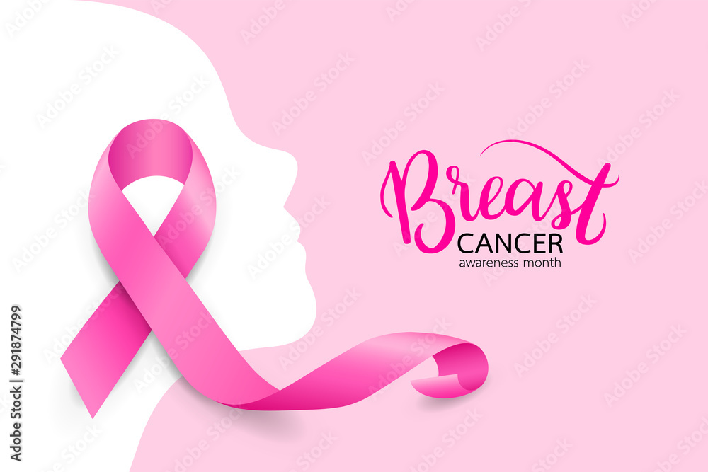 Pink ribbon symbol on woman face. Breast Cancer Awareness Month Campaign.  Icon design for poster, banner, t-shirt. Illustration isolated on white  background. Stock Vector