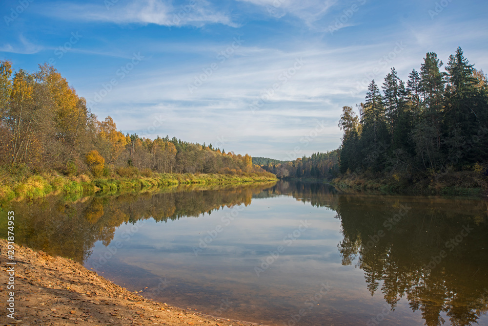 Autumn forest lake reflection landscape on sunny Autumn day. Realistic Autumn landscape. Autumn forest lake reflection landscape on sunny Autumn day. Realistic Autumn landscape.