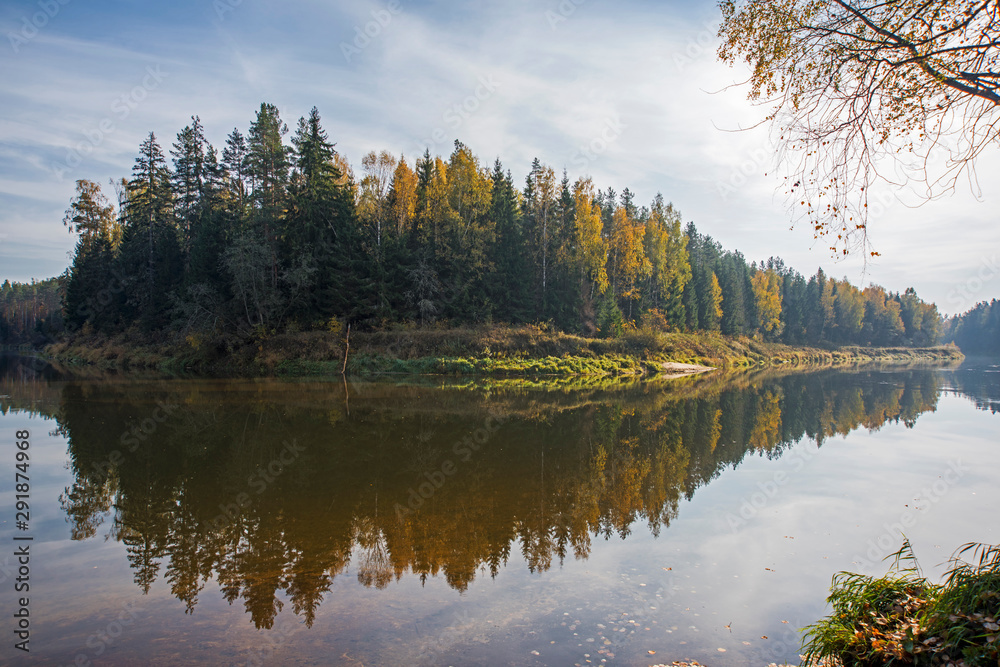 Autumn forest lake reflection landscape on sunny Autumn day. Realistic Autumn landscape.