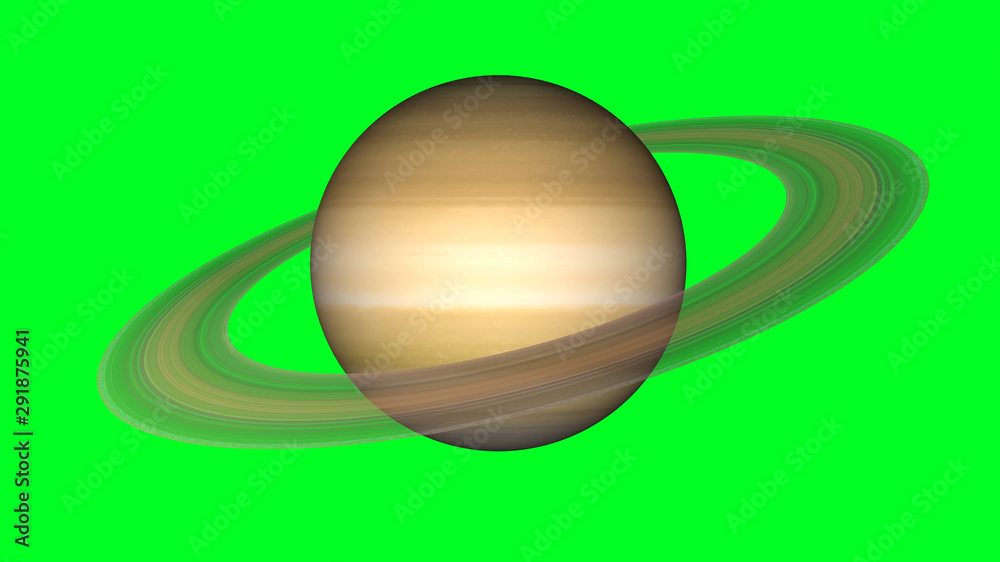 Saturn planet on green screen. Isolated giant gas planet which has ring, rotating on alpha channel. 