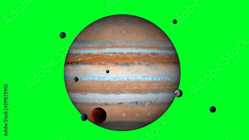 Isolated Jupiter planet with satellites rotating. Beautiful gas planet on green screen, alpha channel. 