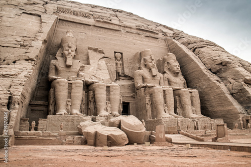 Side view of the facade of Ramses II temple at Abu Simbel   Egypt