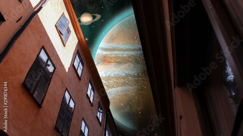 House, building with Cosmos view. Jupiter, Saturn and Uranus. Surrealistic 3D rendering. Solar system's Fantasy animation.