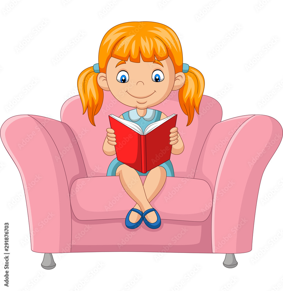 Cartoon little girl reading a book sitting on sofa