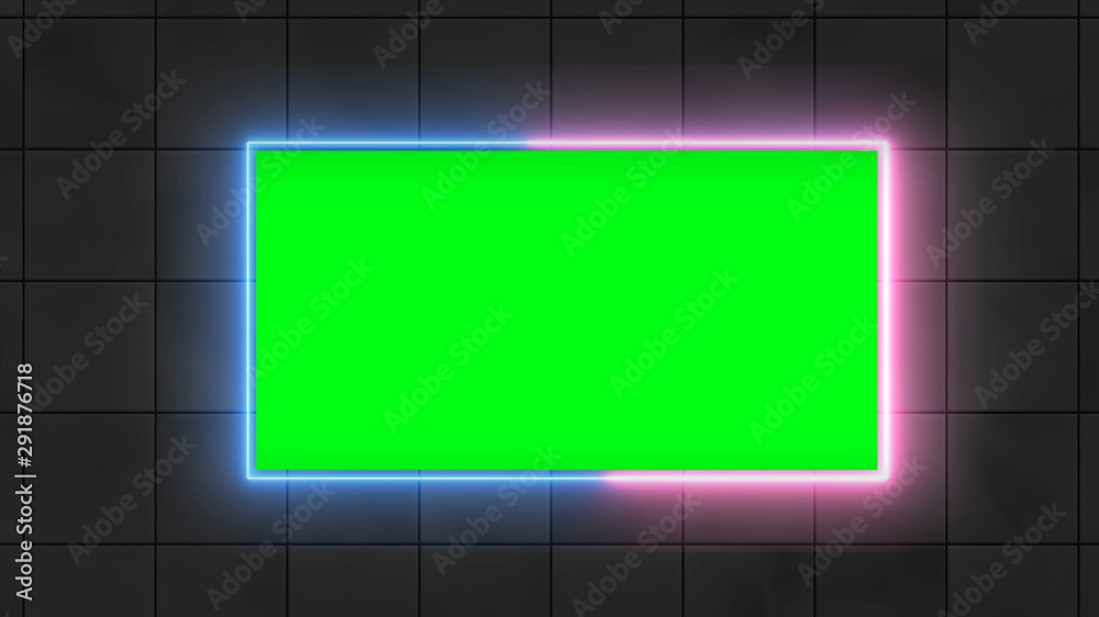 Green screen, neon, led light border in front of wall. Blank, Empty