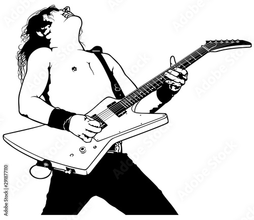 The Rock Guitarist Plays Solo - Black and White Drawing Illustration with Musician, Vector Graphic