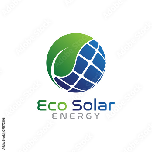 Solar panel energy logo design with Eco leaf and solar panel concept. vector illustration