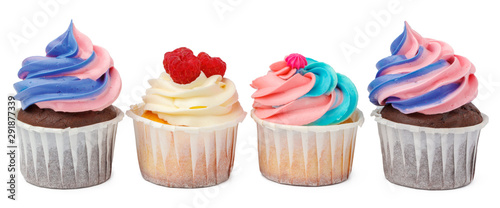Group of cupcakes with colored topping isolated on white background