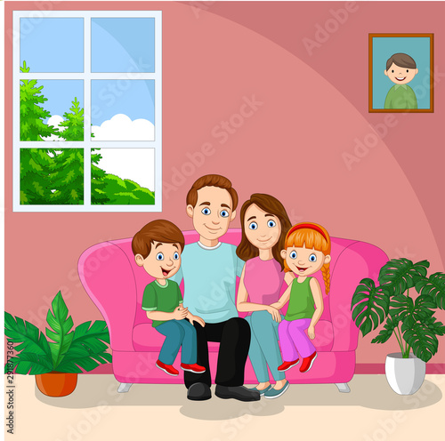 Happy family sitting on sofa
