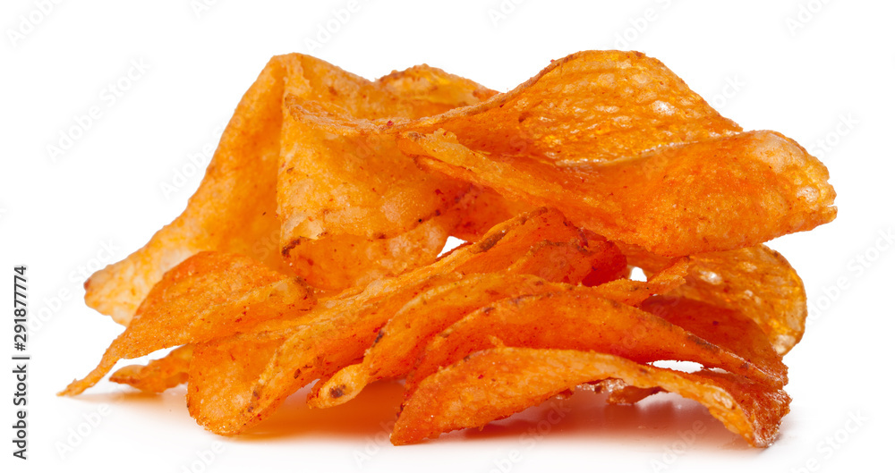Potato chips close up on white background Potato chips close up on white background