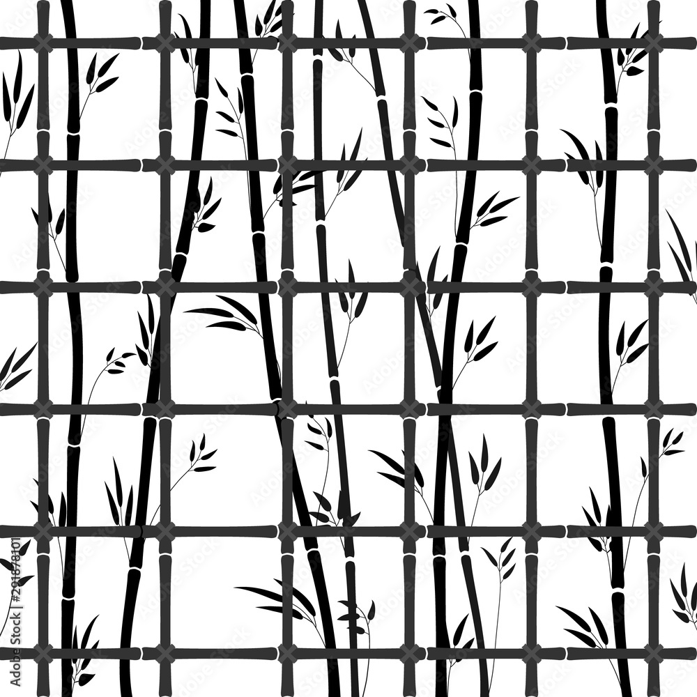 Naklejka Black bamboo lattice pattern with bamboo stems and leaves. Vector illustration of a closed bamboo forest. Natural background - bamboo lattice window.