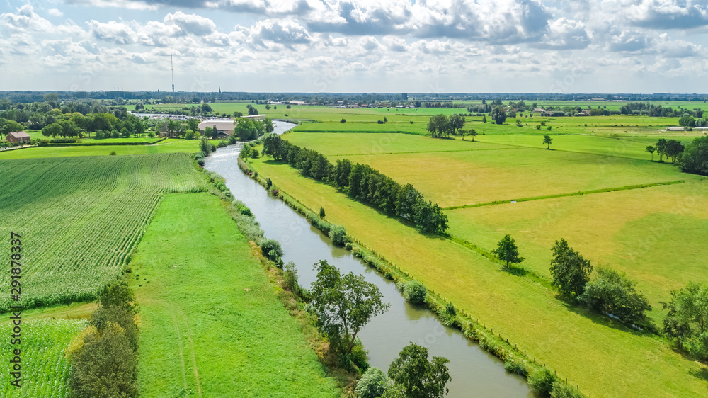 Aerial drone view of green fields and farm houses near canal from above, typical Dutch landscape, Holland, Netherlands