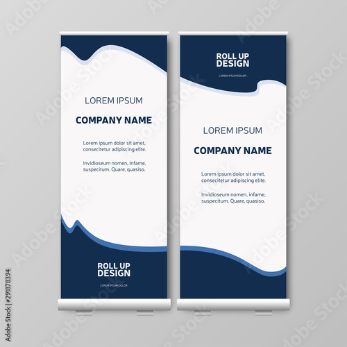 Blue Business Roll Up. Presentation template, brochure or flyer, vertical banner design, cover geometric background, modern publication layout, eps10