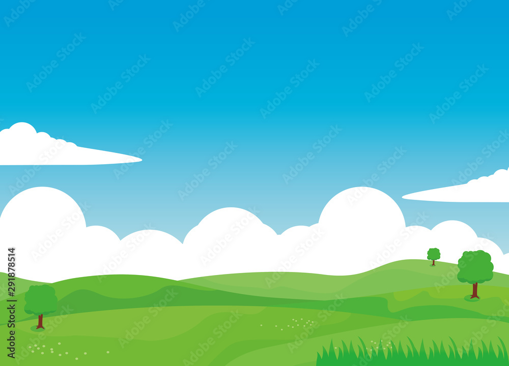 Nature landscape vector illustration with clouds, green field and tree.