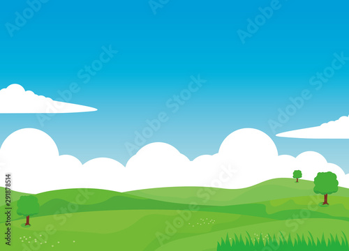 Nature landscape vector illustration with clouds, green field and tree.