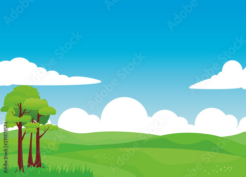 Nature landscape vector illustration with clouds  green field and tree.