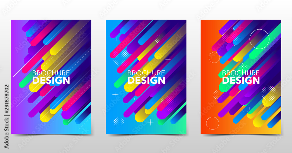 Set of minimal modern backgrounds with trendy gradients and dot patterns, colored brochure design with geometric shapes and lines