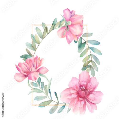 Watercolor floral card with leaves, gold glitter elements and peonies. Hand d...