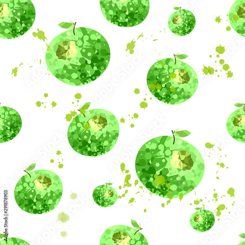  Seamless pattern: isolated green apples in low poly style and watercolor spots on a white background. vector. Illustration.