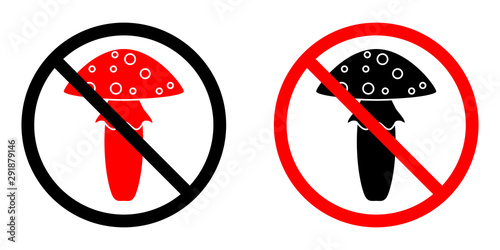 A crossed-out poisonous mushroom. Vector icons of forbidding symbol isolated on white background.