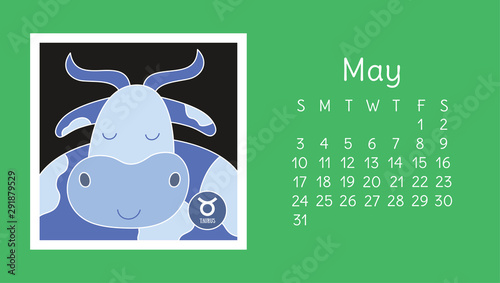 May 2020. Calendar. Zodiac sign: taurus. Vector horoscope. Astrological calender. Color design