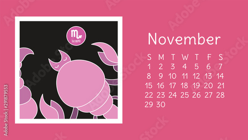 November 2020. Calendar. Zodiac sign: scorpio. Vector horoscope. Astrological calender. Color design