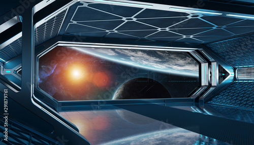 Fototapeta Naklejka Na Ścianę i Meble -  Dark blue spaceship futuristic interior with window view on space and planets 3d rendering