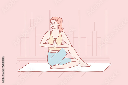 Yoga, mental health, relaxation concept. Young happy athletic woman or yogi girl doing exercise. Lady coach in a good mood trains fitness, pilates, gymnastics. Peace, pleasure, lifestyle. Simple flat