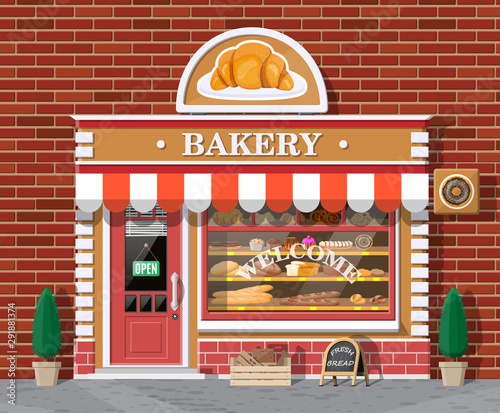 Bakery shop building facade with signboard. Baking store, cafe, bread, pastry and dessert shop. Showcases with various bread and cakes products. Market or supermarket. Flat vector illustration